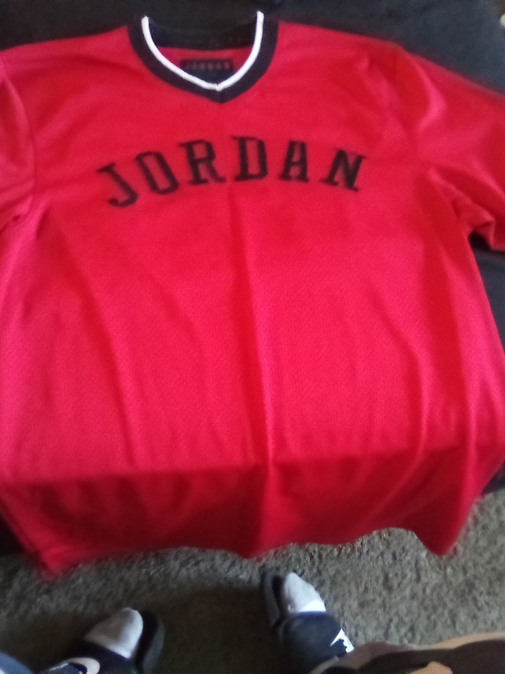 Jordan Red Kids V-Neck Tee with Black Logo Trim
